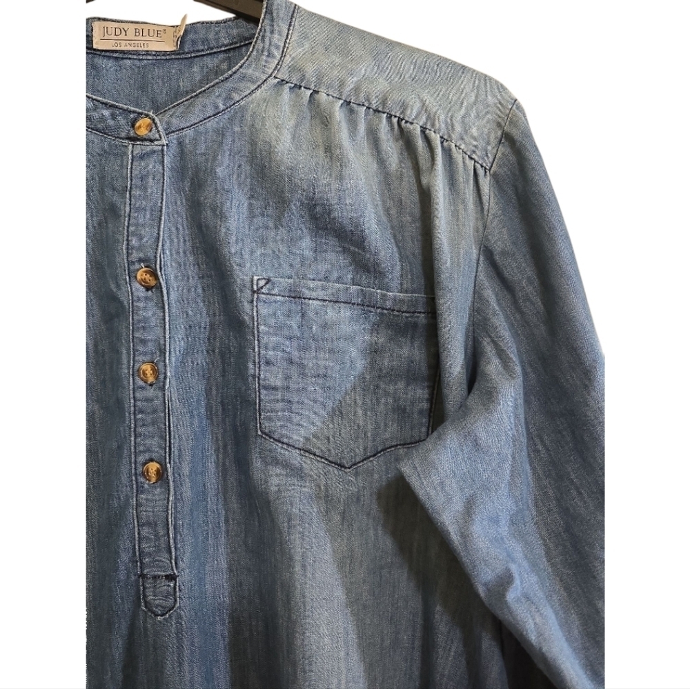 Judy Blue Chambray Denim Shirt Dress 3XL Half Button Closure Pockets Roll Sleeve - Picture 2 of 7
